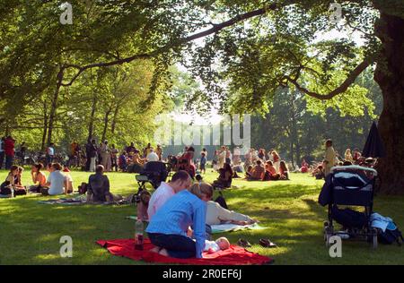 Domenica picnic di giovane famiglia sul verde nel Giardino Inglese, Monaco, Baviera, Germania Foto Stock