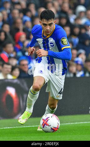 Brighton, Regno Unito. 08th maggio, 2023. Facundo Buonanotte di Brighton e Hove Albion corre con la palla durante la partita della Premier League tra Brighton & Hove Albion ed Everton all'Amex il 8th 2023 maggio a Brighton, Inghilterra. (Foto di Jeff Mood/phcimages.com) Credit: PHC Images/Alamy Live News Foto Stock