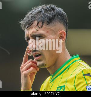 Norwich, Regno Unito. 08th maggio, 2023. Dimitris Giannoulis #30 di Norwich City riceve un taglio alla guancia durante la partita del campionato Sky Bet Norwich City vs Blackpool a Carrow Road, Norwich, Regno Unito, 8th maggio 2023 (Photo by Alfie Cosgrove/News Images) a Norwich, Regno Unito il 5/8/2023. (Foto di Alfie Cosgrove/News Images/Sipa USA) Credit: Sipa USA/Alamy Live News Foto Stock