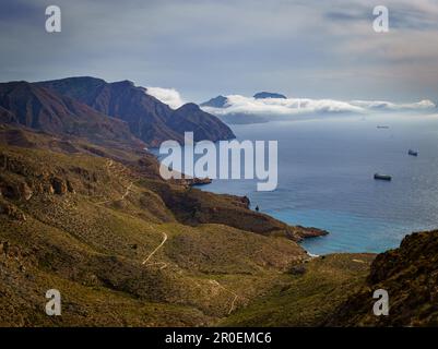 Vista sul Mar Mediterraneo, Cala Salitrona e sulla costa di Cartagena. Murcia. Spagna. Foto Stock