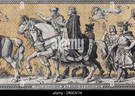 Processione dei principi, dettaglio, figure di otto i ricchi, Albrecht il fiero, 12th ° secolo, murale su piastrelle della manifattura di porcellana Meissen Foto Stock