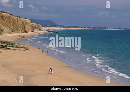 Vista sulla spiaggia di sabbia e la gente, Playa de Fontanilla, Conil, Costa de la Luz, Cadice Andalusien, Spanien, Andalusia, Spagna, Europa Foto Stock