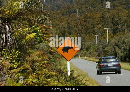 Cartello stradale per kiwis sulla strada, Strassenschild, Kiwi Warnschild, cartello segnaletico per kiwis sulla strada, Nuova Zelanda, Oceania Foto Stock