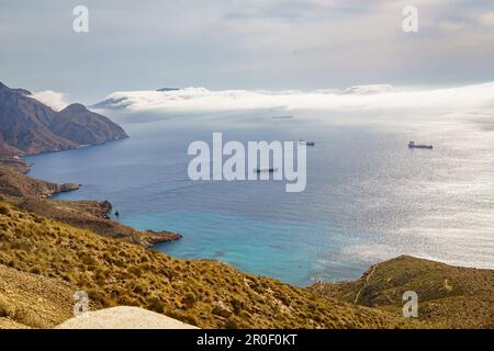 Vista sul Mar Mediterraneo, Cala Salitrona e sulla costa di Cartagena. Murcia. Spagna. Foto Stock