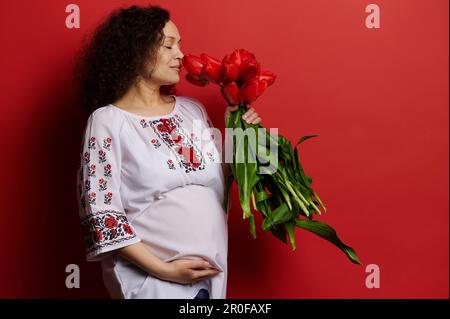 Affascinante donna incinta etnica in vestito ricamato mazzo di tulipani, carezzandole dolcemente il ventre, sfondo rosso Foto Stock