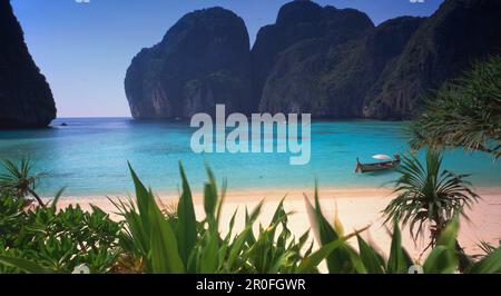Maya Bay sulla piccola isola di Kho Phi Phi Lee nel sud della Thailandia Foto Stock