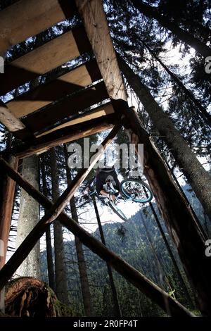 Mountain Biker salto da una rampa, Oberammergau, Baviera, Germania Foto Stock