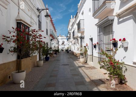 Chipiona, Cadice, Spagna - 19 aprile 2023: Bella strada decorata con vasi di fiori a Chipiona, Andalusia, Spagna meridionale. Foto Stock