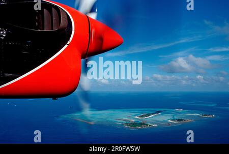 Vista aerea di Maldive, Maldive, Oceano Indiano, Atollo Sud-Male, Dhigufinolhu, Veligandu, Bodu Huraa Foto Stock