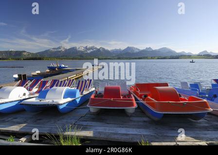 Pedalò sul lago Hopfensee con Tannheim in background, Allgaeu, Swabia, Baviera, Germania Foto Stock