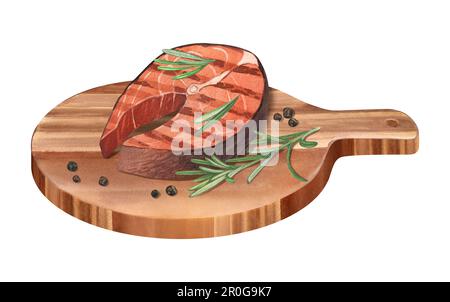 Acquerello deliziosa bistecca di salmone alla griglia affettata BBQ sulla tavola di legno. Illustrazione disegnata a mano isolata su sfondo bianco da vicino. Perfetto per Foto Stock