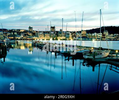 Barche a vela al Chaffers Marina presso Lambton Harbour in serata, vista al Central Business District, Wellington, North Island, Nuova Zelanda Foto Stock