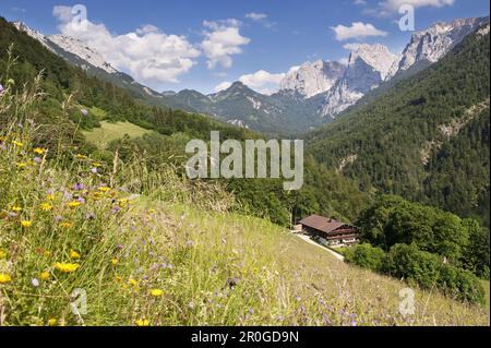 Vecchia casa foresteria, Wilder Kaiser cresta di montagna sullo sfondo, Kaisertal, Ebbs, Tirolo, Austria Foto Stock