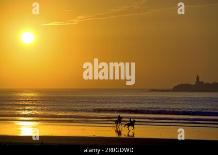 Due piloti del Cavallino a cavallo lungo la spiaggia al tramonto, Essouira, Marocco, Africa Foto Stock