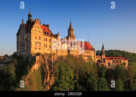 Castello di Sigmaringen, Parco Naturale dell'Alto Danubio, fiume Danubio, Baden-Württemberg, Germania Foto Stock