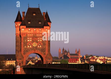 Torre sul ponte sul Reno di Nibelungen, Cattedrale di Worms, Cattedrale di San Pietro sullo sfondo, Worms, Reno, Renania-Palatinato, Germania Foto Stock