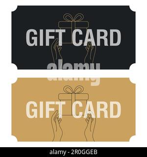 Carta regalo oro e nero con icona della confezione regalo. Buoni regalo per lo shopping. Illustrazione vettoriale Illustrazione Vettoriale