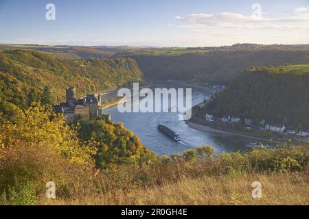 Castello di Katz vicino a St.Goarshausen e il Loreley, Patrimonio Culturale del mondo: Oberes Mittelrheintal (dal 2002), Mittelrhein, Renania-Palatinato Foto Stock