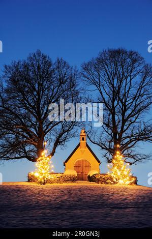 Cappella illuminata con due illuminata di alberi di Natale, il lago Chiemsee, Chiemgau, Alta Baviera, Baviera, Germania, Europa Foto Stock