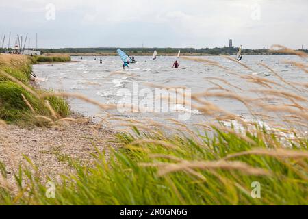 Windsurf sul lago Cospuden, Lipsia, Sassonia, Germania Foto Stock