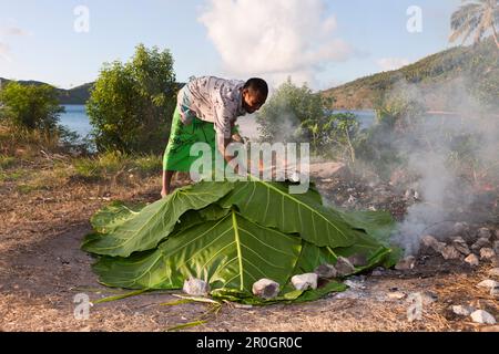 Nativi per la cottura con forno Lovo, Makogai, Lomaviti, Isole Figi Foto Stock