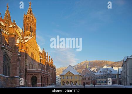 Piazza Munsterplatz con la chiesa Unserer Lieben Frau e Alte Wache, Friburgo, sera, neve, Foresta Nera, Baden Wuerttemberg, Germania, Europa Foto Stock