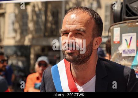 Marsiglia, Francia. 06th maggio, 2023. Manuel Bompard deputato del partito la France Insoumise (LFI) visto durante 'la marcia della rabbia' a Marsiglia. Diversi sindacati e partiti di sinistra hanno chiesto a Marsiglia una "marcia di rabbia” volta a chiedere di vivere, lavorare e invecchiare con dignità. Credit: SOPA Images Limited/Alamy Live News Foto Stock