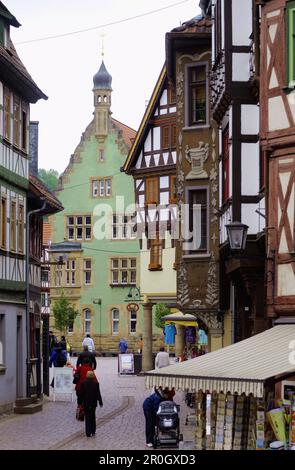 Municipio e case a graticcio a Schmalkalden, Foresta Turingia, Turingia, Germania Foto Stock