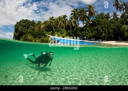 Immersioni nella laguna dell'isola AHE, Cenderawasih Bay, Papua Occidentale, Papua Nuova Guinea, Nuova Guinea, Oceania Foto Stock