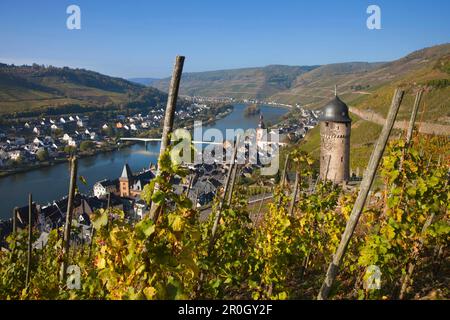 Vista dai vigneti sulla torre rotonda sopra Zell, Mosella fiume, Renania-Palatinato, Germania, Europa Foto Stock