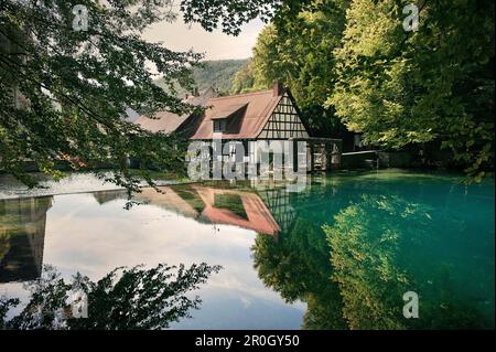 Casa a graticcio a Blautopf Blaubeuren, nei pressi di Ulm, Baden-Wuerttemberg, Germania Foto Stock