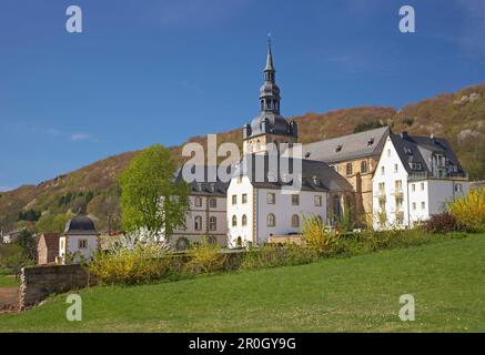 Abbazia Benedettina e la chiesa di San Mauritius alla luce del sole, Tholey, Saarland, Germania, Europa Foto Stock