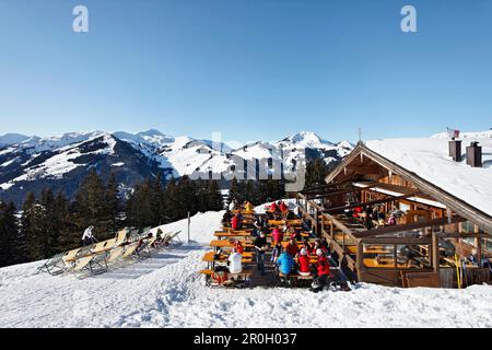 Rifugio, regione sciistica del Pengelstein, Kirchberg, Kitzbuhel, Tirolo, Austria Foto Stock