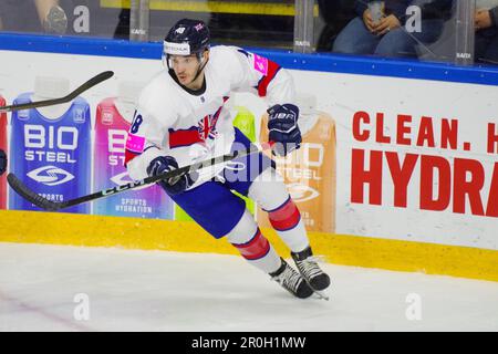 Nottingham, 5 maggio 2023. Johnny Curran gioca per la Gran Bretagna contro l'Italia durante una partita nel Campionato Mondiale di Hockey su ghiaccio IIHF 2023, Divisione i, Gruppo A torneo alla Motorpoint Arena, Nottingham. Credito: Colin Edwards Foto Stock