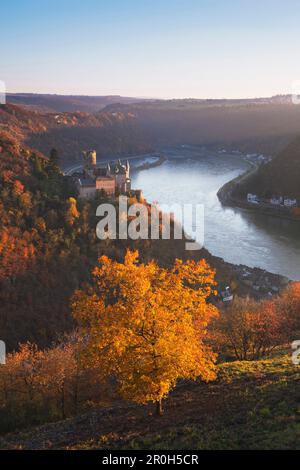 Castello di Katz sopra St Goarshausen, fiume Reno, Renania-Palatinato, Germania Foto Stock