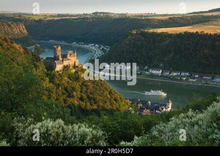 Nave escursione a St Goarshausen con castello Katz, fiume Reno, Renania-Palatinato, Germania Foto Stock