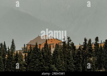 Washington, USA-14 settembre 2022: Vista ad angolo alto dell'Olympic National Park Hurricane Ridge Day Lodge, centro visitatori mesi prima che venisse bruciato fino a t. Foto Stock