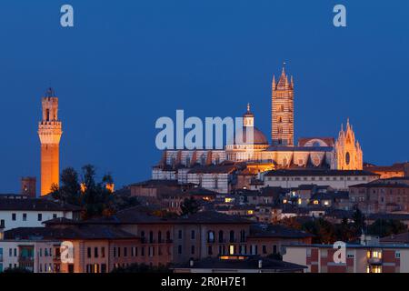 Paesaggio urbano con Torre del Mangia, il campanile del municipio e il Duomo di Santa Maria di notte, Siena, patrimonio dell'umanità dell'UNESCO, Toscana, Ita Foto Stock