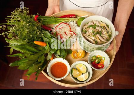 VIETNAM, Hanoi, Sofitel Metropole Hotel, zuppa di noodle di manzo con contorni Foto Stock