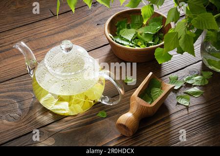 Teiera in vetro con tè in foglie di betulla. Tè bollitore per tè alle erbe e ciotola di foglie di Birch Tree. Medicina alternativa di erbe. Foto Stock