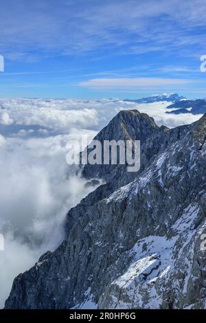 Vista dal Monte Hoher Goell oltre il mare di nebbia nella valle della Salzach, Parco Nazionale di Berchtesgaden, sulle Alpi di Berchtesgaden, Alta Baviera, Baviera, Germania Foto Stock