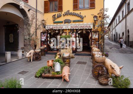 Salumi e prosciutto in un negozio di gastronomia, Norcineria, Valnerina, valle del fiume Nera, Nurcia, Norcia, provincia di Perugia, Umbria, Italia, Europa Foto Stock