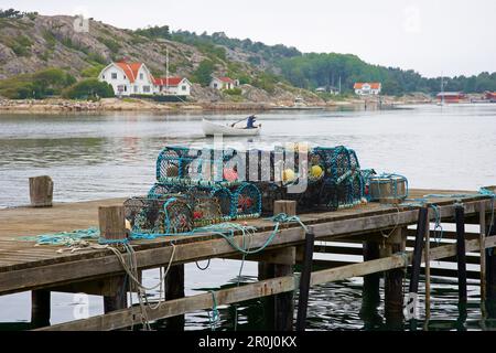 Barche e case in barca nel porto di Havestensund, Provincia di Bohuslaen, nella costa occidentale della Svezia, Europa Foto Stock