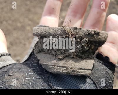 Un frammento di un antico recipiente in ceramica che si trova nel terreno si trova nel palmo della mano Foto Stock