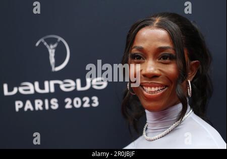 Parigi, Francia. 8th maggio, 2023. L'atleta giamaicano Shelly-Ann Fraser-Pryce arriva al tappeto rosso prima della cerimonia del Laureus World Sports Awards 2023 a Parigi, 8 maggio 2023. Credit: Gao Jing/Xinhua/Alamy Live News Foto Stock