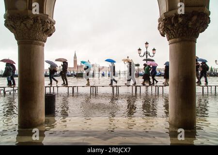 Turisti con ombrelli e scarpe coperte in plastica, stivali in gomma, passeggiata sui passerelle durante acqua alta vicino a Palazzo Ducale, Piazza San Marco, S. Foto Stock