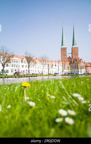 Vista sul fiume Trave al centro storico con la Cattedrale di Lubecca, Lubecca, Schleswig-Holstein, Germania Foto Stock