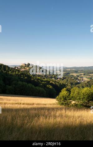 Paesaggio e castello di Lindenfels, Bergstrasse, Odenwald, Hesse, Germania Foto Stock