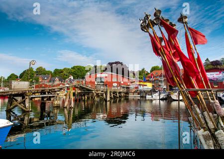 Porto con ponte di legno, Eckernfoerde, costa baltica, Rendsburg-Eckernfoerde, Schleswig-Holstein, Germania Foto Stock