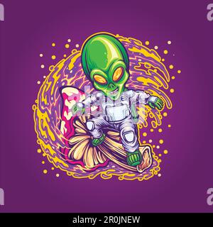 Alieno spaceman surfing sullo spazio con trippy fungo illustrazioni vettore per il vostro lavoro logo, merchandise t-shirt, adesivi e disegni di etichette, poster, Illustrazione Vettoriale
